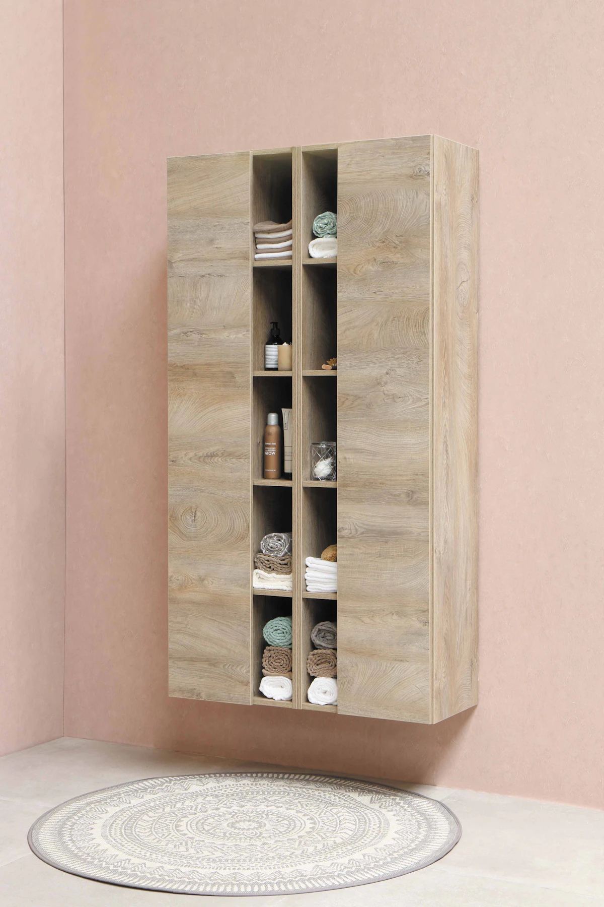 Tall oak bathroom storage cabinet with open shelves