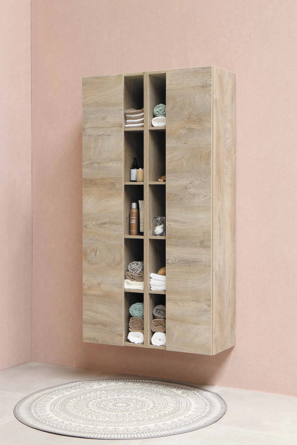Tall oak bathroom storage cabinet with open shelves