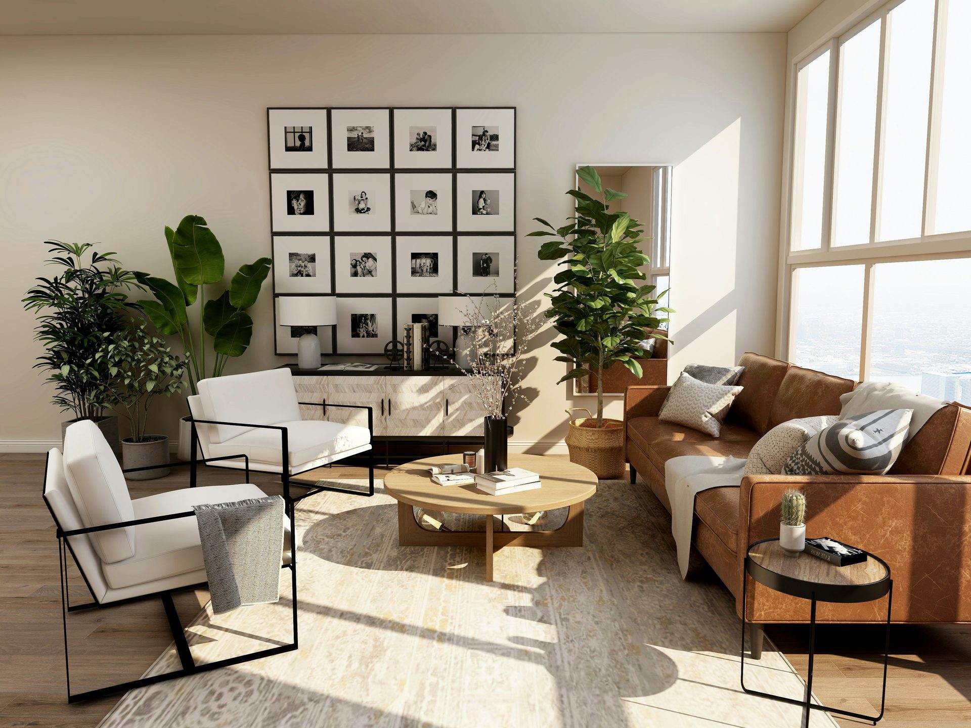 Cognac leather three-seat sofa