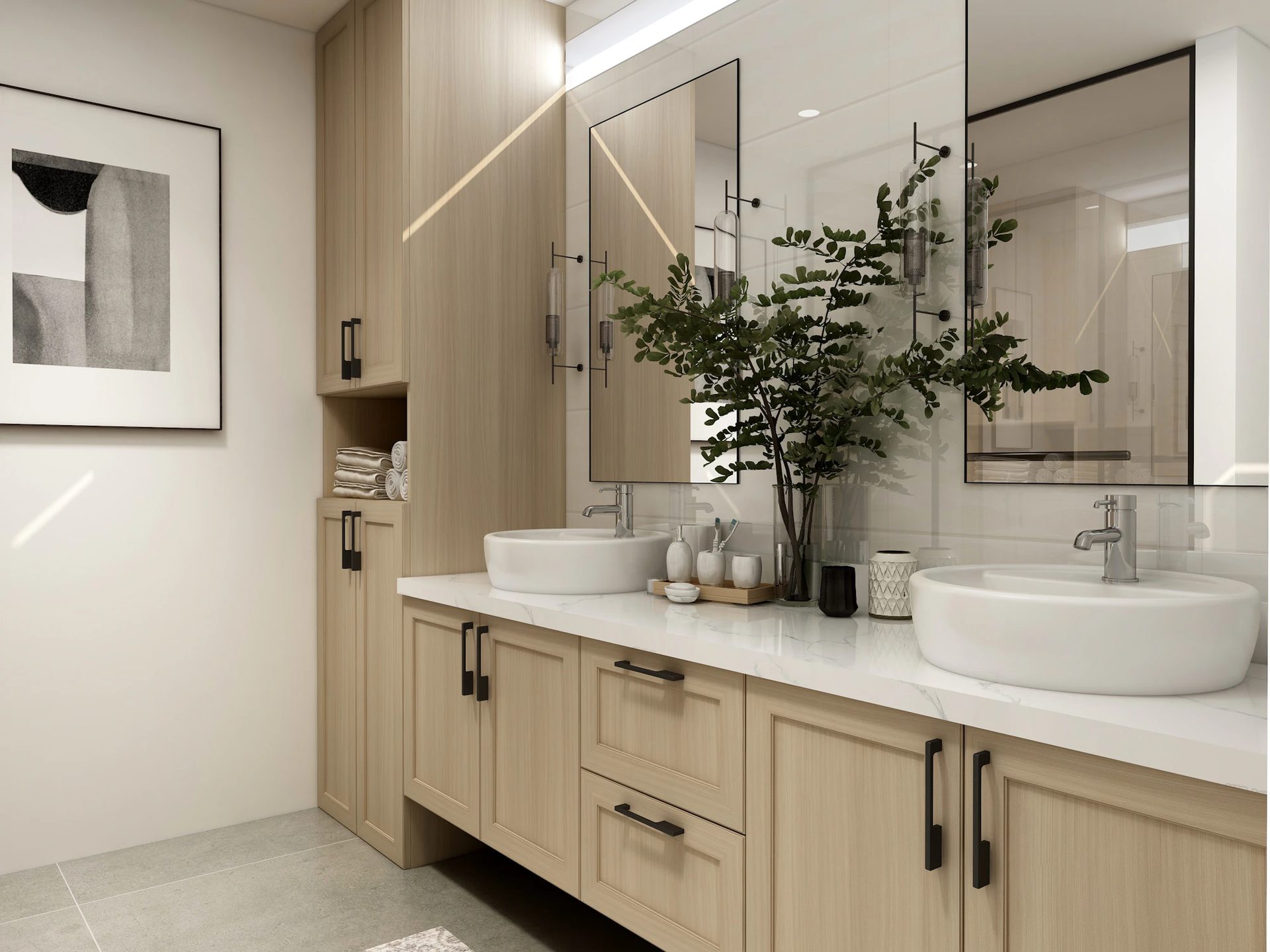 Spa Bathroom — Oak, white quartz and soft light.