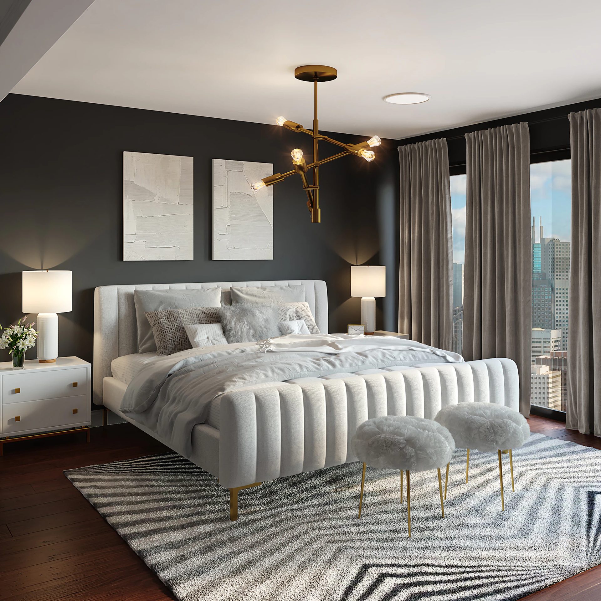 Velvet Night — A moody bedroom in charcoal and silver.