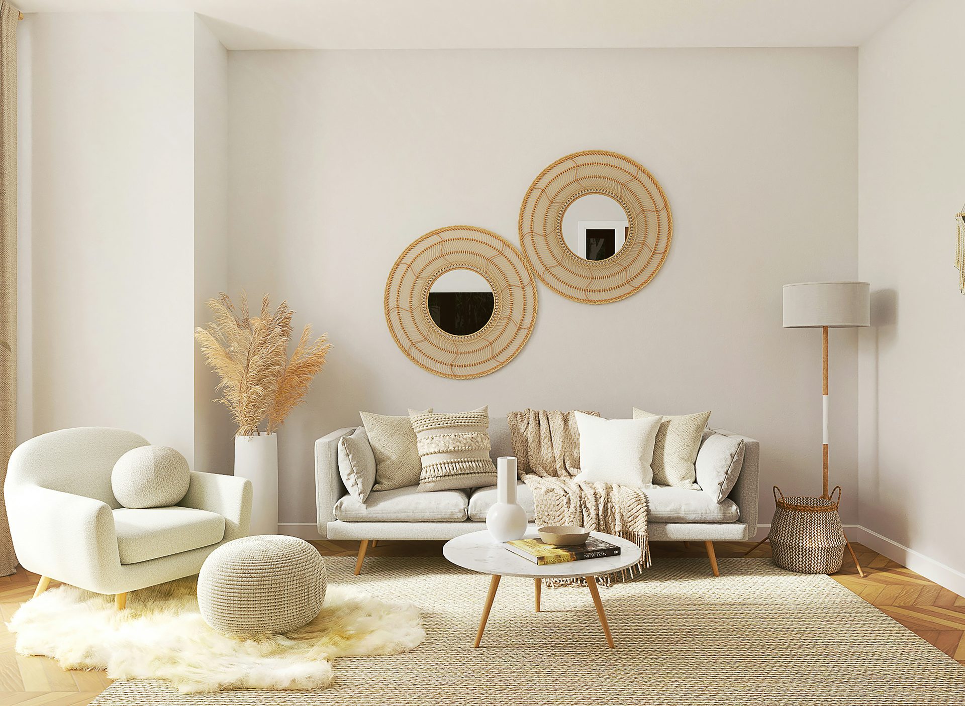 Round mirror with woven rattan frame