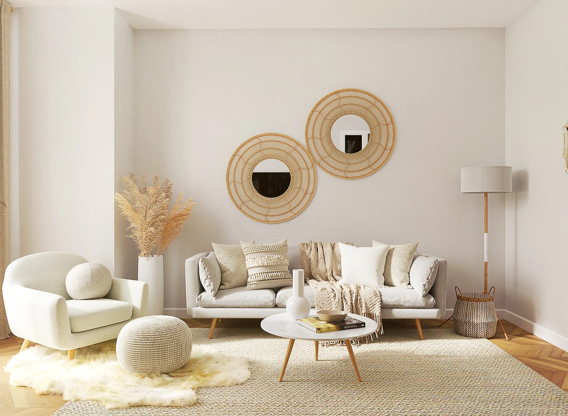 Quiet Luxury Living — Cream on cream, with rattan and brass.